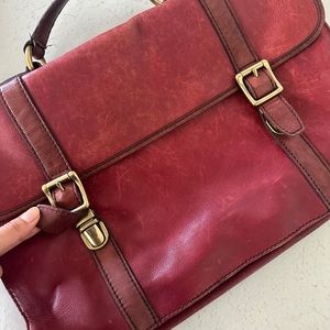 Beautifully worn burgundy leather laptop bag crossbody/shoulder length, Fossil